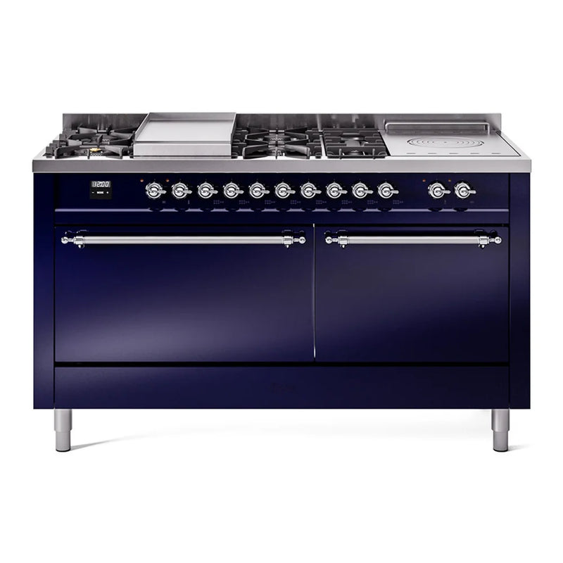 ILVE Nostalgie II 60" Dual Fuel Freestanding Range in Midnight Blue with Chrome Trim, UP60FSQNMPMBCLP