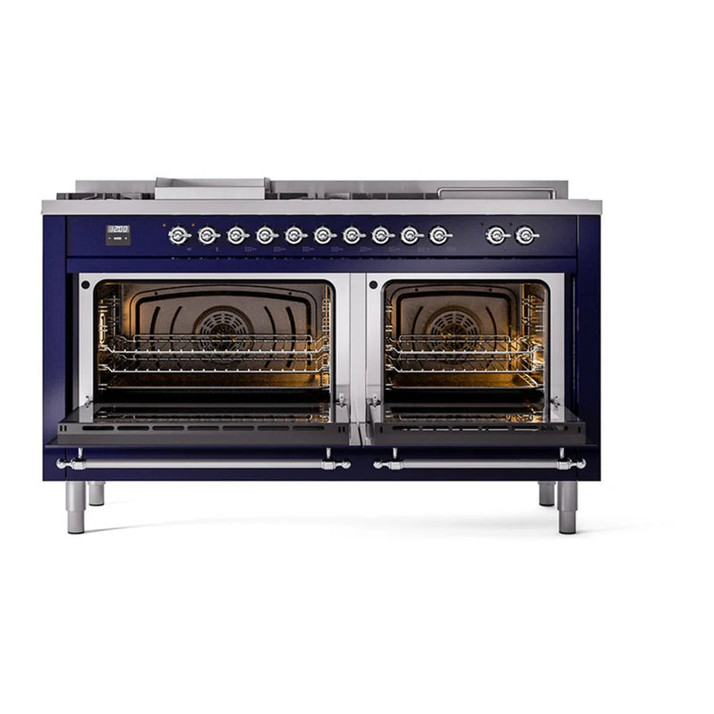 ILVE Nostalgie II 60" Dual Fuel Freestanding Range in Midnight Blue with Chrome Trim, UP60FSQNMPMBC