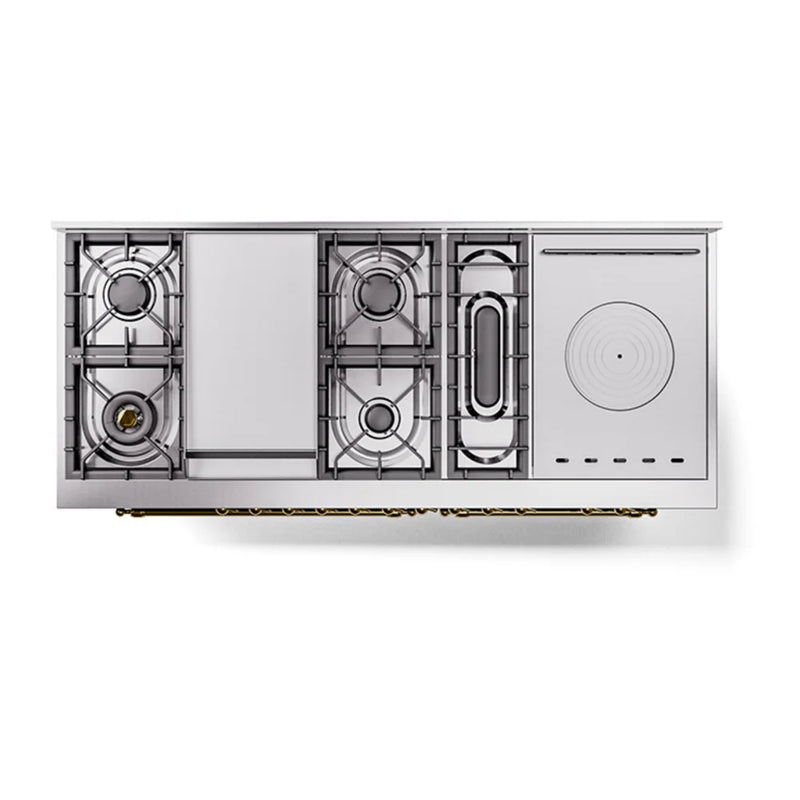 ILVE Nostalgie II 60" Dual Fuel Freestanding Range in Midnight Blue with Brass Trim, UP60FSQNMPMBGLP