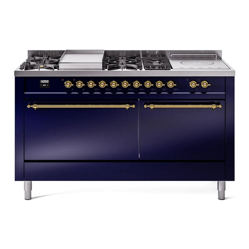 ILVE Nostalgie II 60" Dual Fuel Freestanding Range in Midnight Blue with Brass Trim, UP60FSQNMPMBG