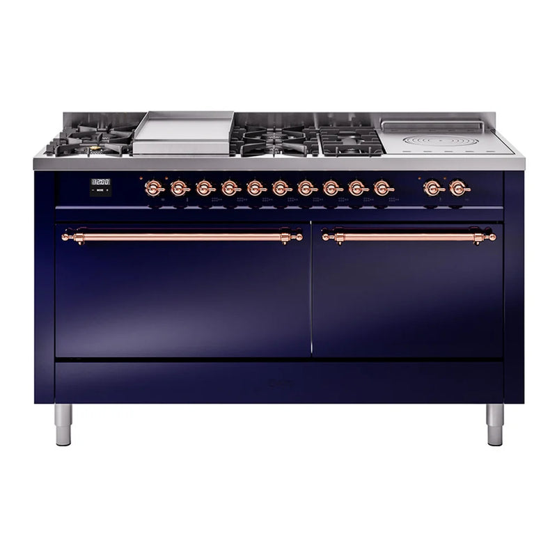 ILVE Nostalgie II 60" Dual Fuel Freestanding Range in Midnight Blue with Copper Trim, UP60FSQNMPMBP