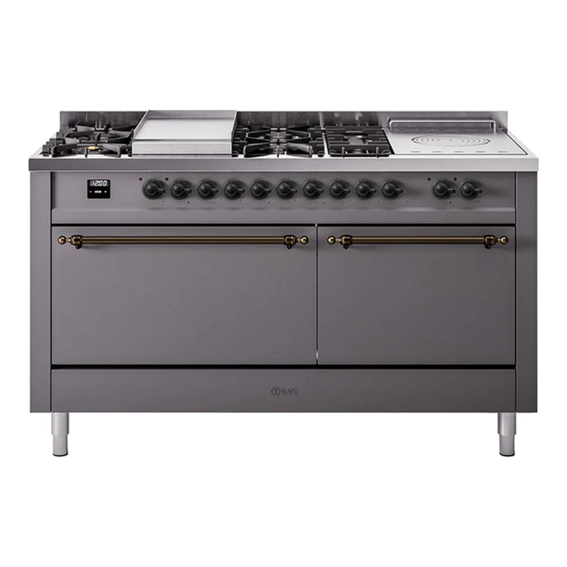 ILVE Nostalgie II 60" Dual Fuel Freestanding Range in Graphite Matte with Burnished Trim, UP60FSQNMPMGBLP