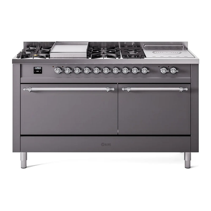 ILVE Nostalgie II 60" Dual Fuel Freestanding Range in Graphite Matte with Chrome Trim, UP60FSQNMPMGCLP