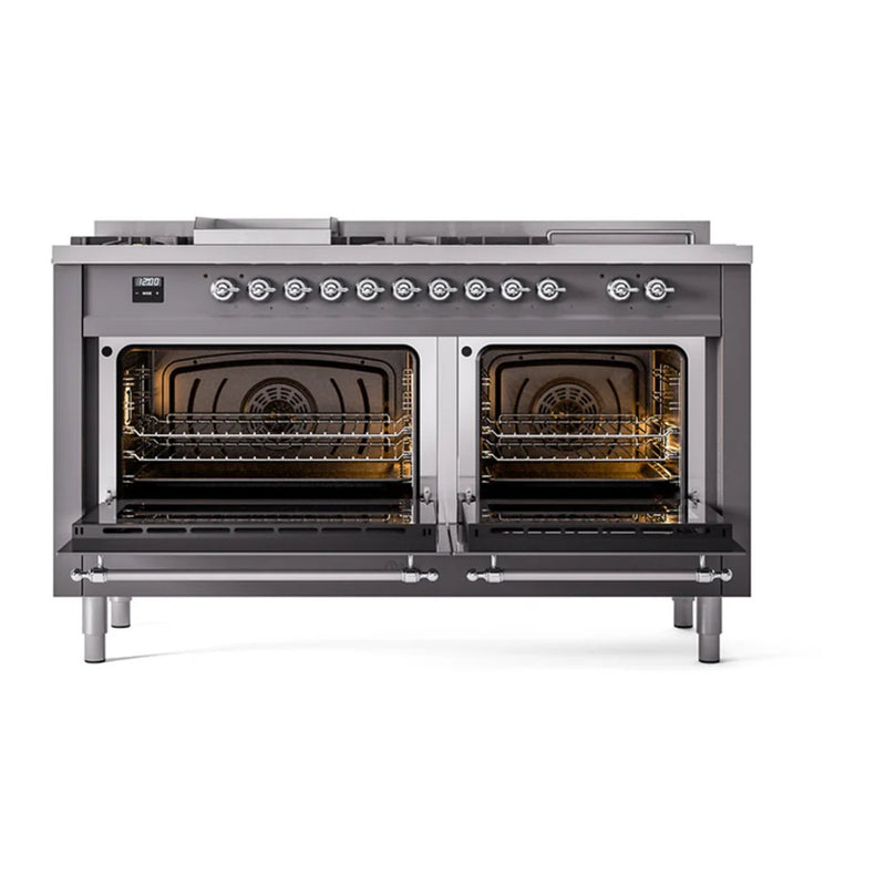 ILVE Nostalgie II 60" Dual Fuel Freestanding Range in Graphite Matte with Chrome Trim, UP60FSQNMPMGC