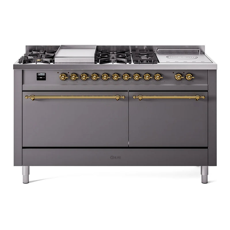 ILVE Nostalgie II 60" Dual Fuel Freestanding Range in Graphite Matte with Brass Trim, UP60FSQNMPMGGLP