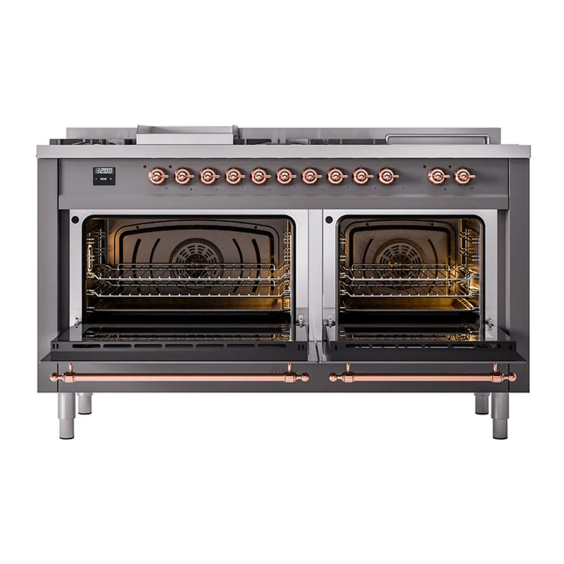 ILVE Nostalgie II 60" Dual Fuel Freestanding Range in Graphite Matte with Copper Trim, UP60FSQNMPMGPLP