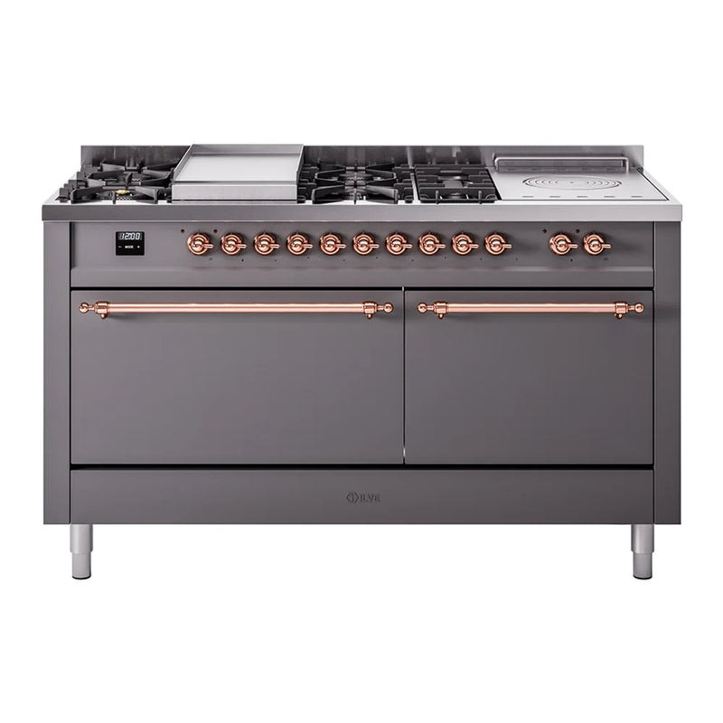 ILVE Nostalgie II 60" Dual Fuel Freestanding Range in Graphite Matte with Copper Trim, UP60FSQNMPMGP