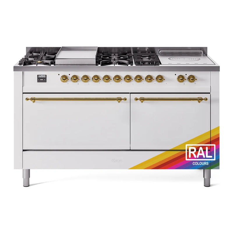 ILVE Nostalgie II 60" Dual Fuel Freestanding Range in RAL Color with Brass Trim, UP60FSQNMPRAG