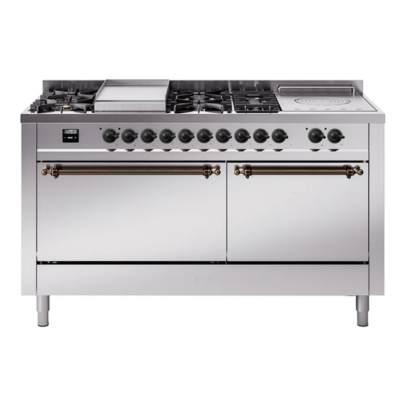 ILVE Nostalgie II 60" Dual Fuel Freestanding Range in Stainless Steel with Burnished Trim, UP60FSQNMPSSB