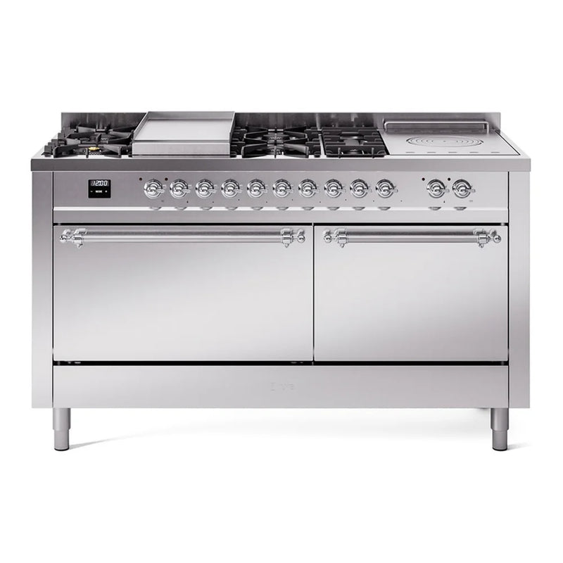 ILVE Nostalgie II 60" Dual Fuel Freestanding Range in Stainless Steel with Chrome Trim, UP60FSQNMPSSCLP