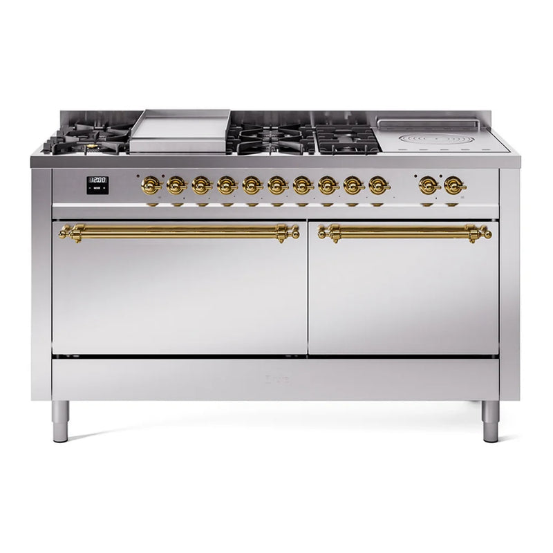 ILVE Nostalgie II 60" Dual Fuel Freestanding Range in Stainless Steel with Brass Trim, UP60FSQNMPSSGLP