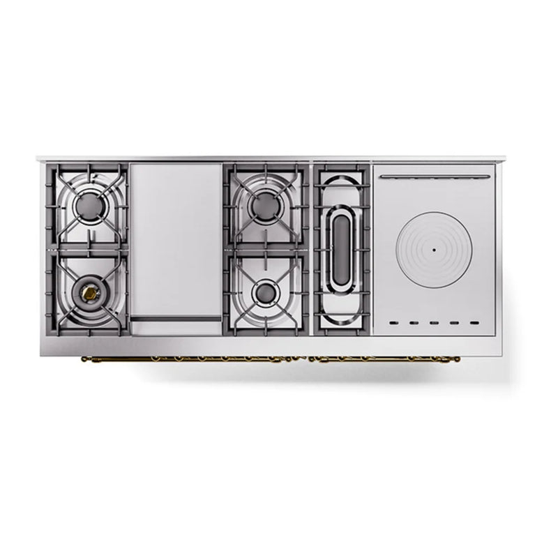 ILVE Nostalgie II 60" Dual Fuel Freestanding Range in Stainless Steel with Brass Trim, UP60FSQNMPSSGLP