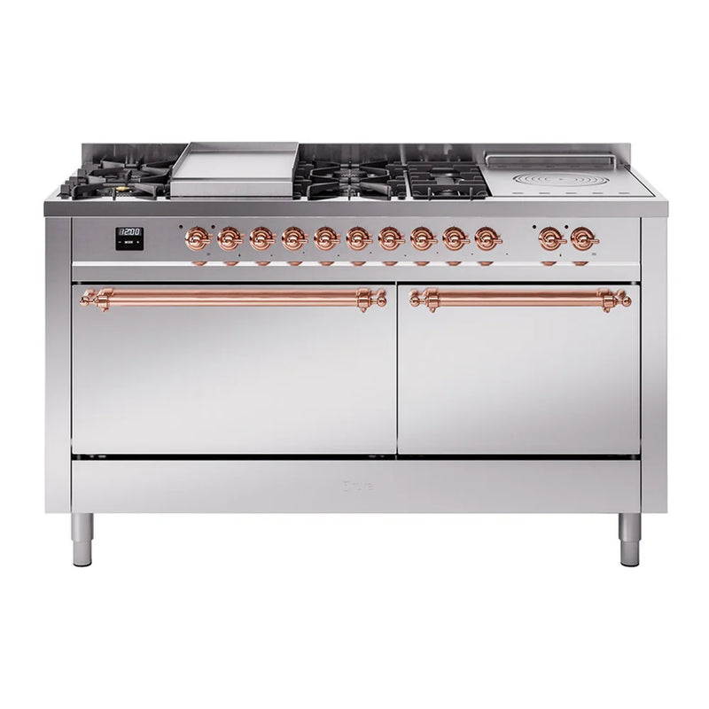 ILVE Nostalgie II 60" Dual Fuel Freestanding Range in Stainless Steel with Copper Trim, UP60FSQNMPSSPLP