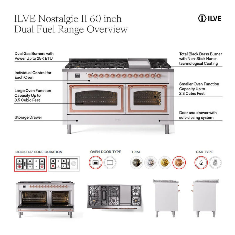 ILVE Nostalgie II 60" Dual Fuel Freestanding Range in Stainless Steel with Copper Trim, UP60FSQNMPSSPLP