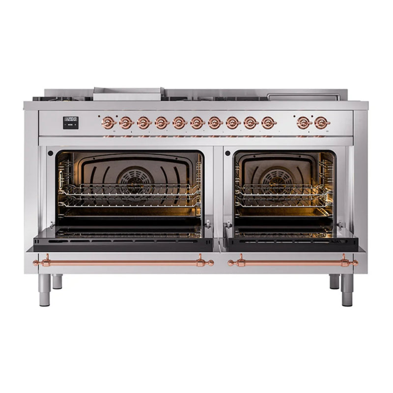 ILVE Nostalgie II 60" Dual Fuel Freestanding Range in Stainless Steel with Copper Trim, UP60FSQNMPSSPLP