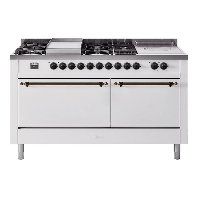 ILVE Nostalgie II 60" Dual Fuel Freestanding Range in White with Burnished Trim, UP60FSQNMPWHBLP