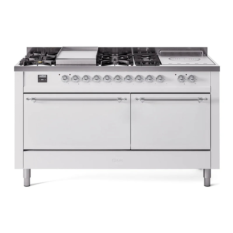 ILVE Nostalgie II 60" Dual Fuel Freestanding Range in White with Chrome Trim, UP60FSQNMPWHC