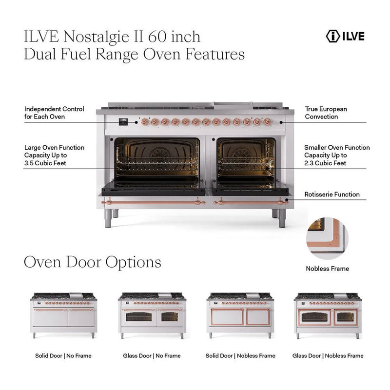 ILVE Nostalgie II 60" Dual Fuel Freestanding Range in White with Chrome Trim, UP60FSQNMPWHC