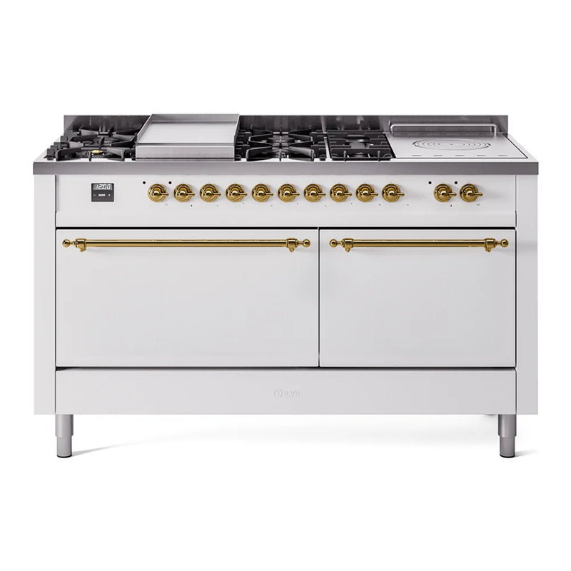 ILVE Nostalgie II 60" Dual Fuel Freestanding Range in White with Brass Trim, UP60FSQNMPWHG
