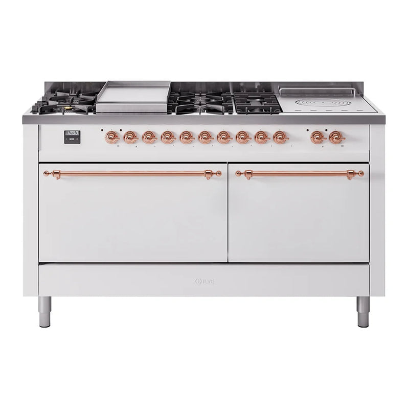 ILVE Nostalgie II 60" Dual Fuel Freestanding Range in White with Copper Trim, UP60FSQNMPWHP
