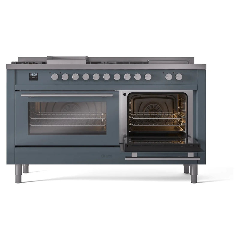 ILVE Professional Plus II 60" Dual Fuel Freestanding Range in Blue Grey with Stainless Steel Trim, UP60FSWMPBGLP