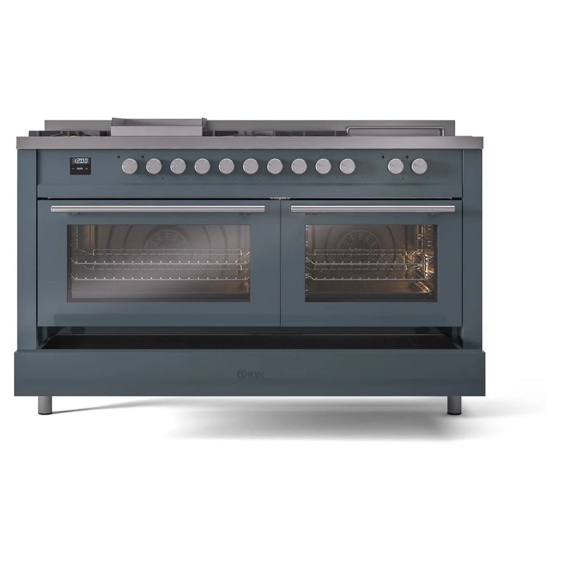 ILVE Professional Plus II 60" Dual Fuel Freestanding Range in Blue Grey with Stainless Steel Trim, UP60FSWMPBGLP