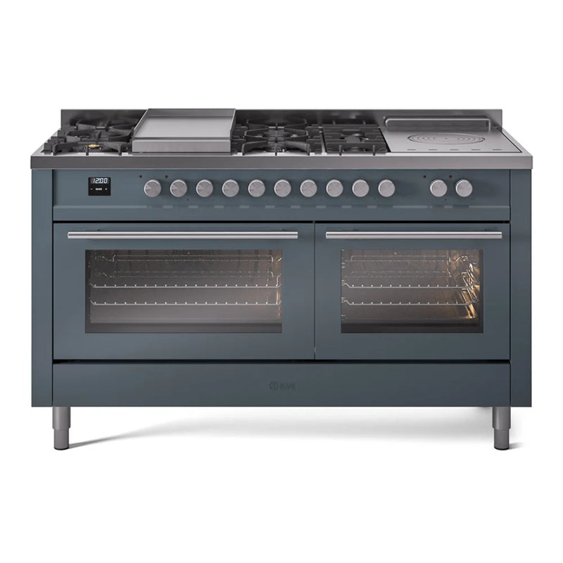 ILVE Professional Plus II 60" Dual Fuel Freestanding Range in Blue Grey with Stainless Steel Trim, UP60FSWMPBG