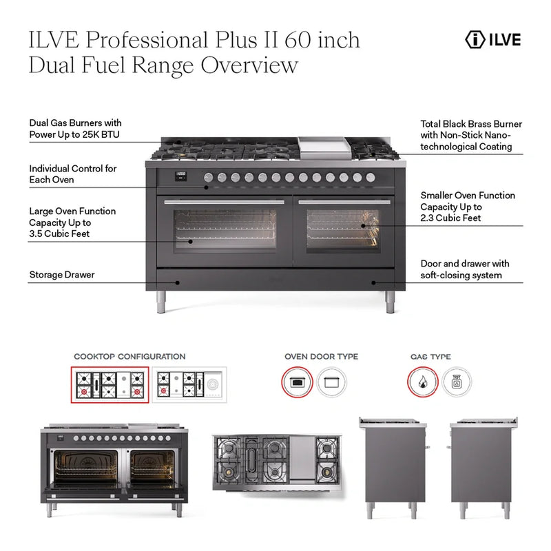 ILVE Professional Plus II 60" Dual Fuel Freestanding Range in Blue Grey with Stainless Steel Trim, UP60FSWMPBG