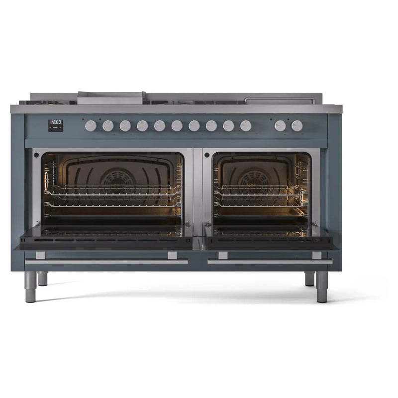 ILVE Professional Plus II 60" Dual Fuel Freestanding Range in Blue Grey with Stainless Steel Trim, UP60FSWMPBG