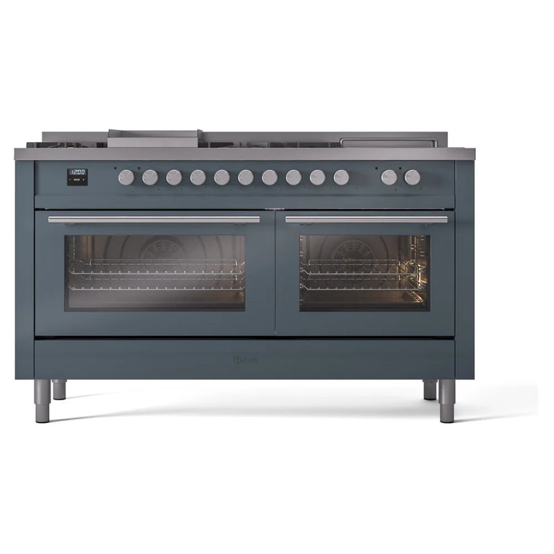 ILVE Professional Plus II 60" Dual Fuel Freestanding Range in Blue Grey with Stainless Steel Trim, UP60FSWMPBG