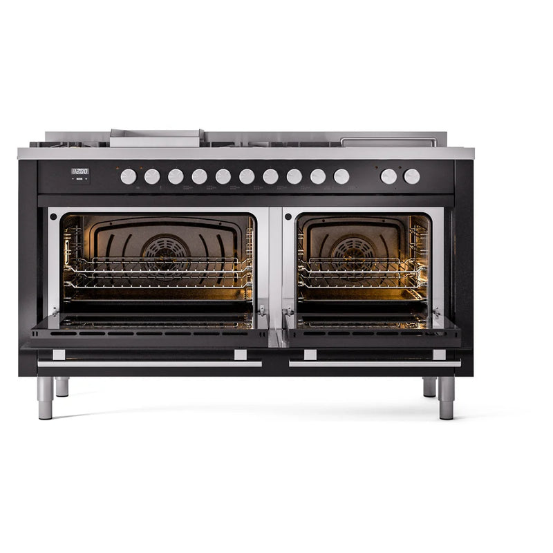 ILVE Professional Plus II 60" Dual Fuel Freestanding Range in Glossy Black with Brass Trim, UP60FSWMPBKLP