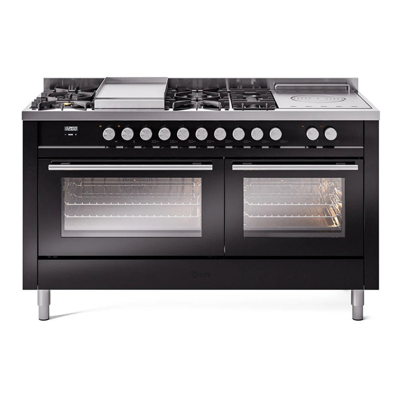 ILVE Professional Plus II 60" Dual Fuel Freestanding Range in Glossy Black with Brass Trim, UP60FSWMPBK