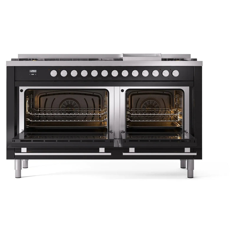 ILVE Professional Plus II 60" Dual Fuel Freestanding Range in Glossy Black with Brass Trim, UP60FSWMPBK