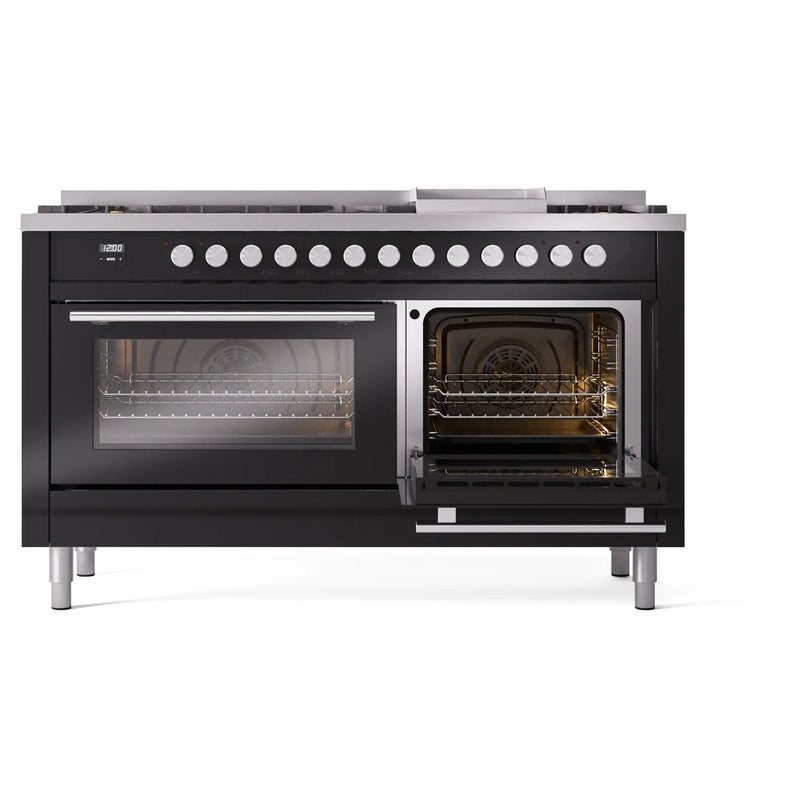 ILVE Professional Plus II 60" Dual Fuel Freestanding Range in Glossy Black with Brass Trim, UP60FSWMPBK