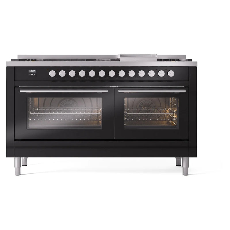 ILVE Professional Plus II 60" Dual Fuel Freestanding Range in Glossy Black with Brass Trim, UP60FSWMPBK