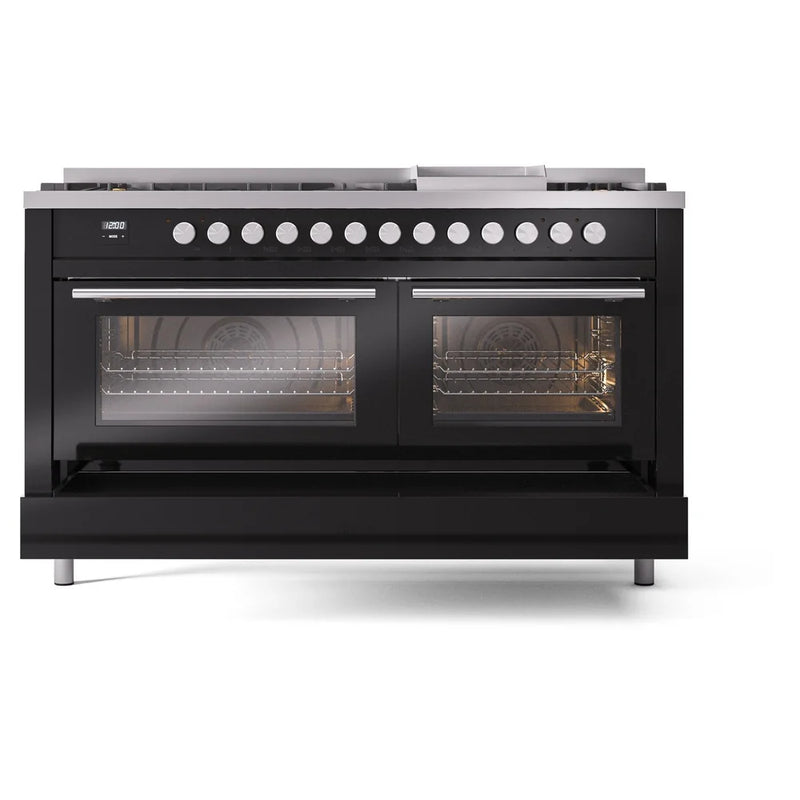 ILVE Professional Plus II 60" Dual Fuel Freestanding Range in Glossy Black with Brass Trim, UP60FSWMPBK
