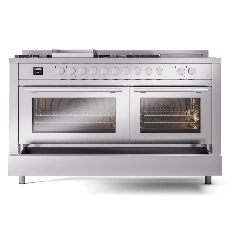 ILVE Professional Plus II 60" Dual Fuel Freestanding Range in Stainless Steel with Stainless Steel Trim, UP60FSWMPSSLP