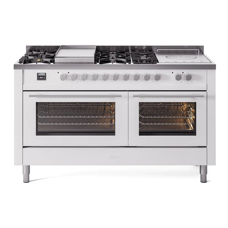 ILVE Professional Plus II 60" Dual Fuel Freestanding Range in White with Stainless Steel Trim, UP60FSWMPWHLP