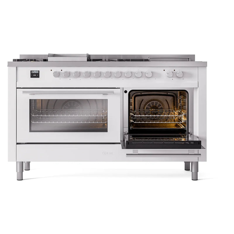 ILVE Professional Plus II 60" Dual Fuel Freestanding Range in White with Stainless Steel Trim, UP60FSWMPWHLP