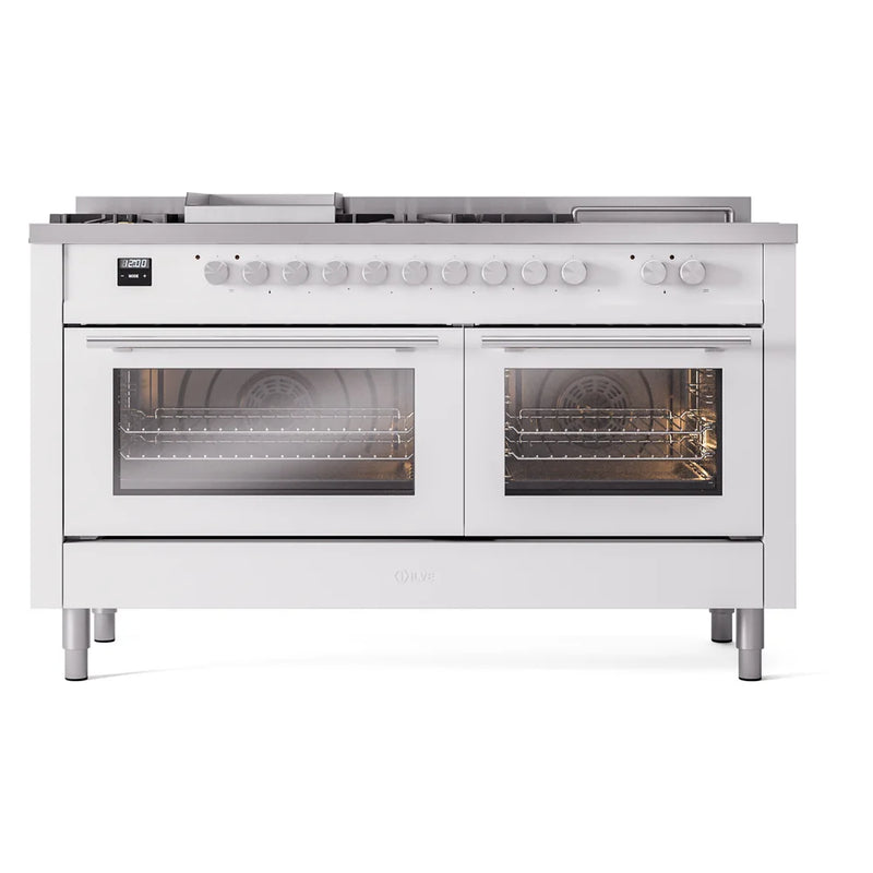 ILVE Professional Plus II 60" Dual Fuel Freestanding Range in White with Stainless Steel Trim, UP60FSWMPWHLP