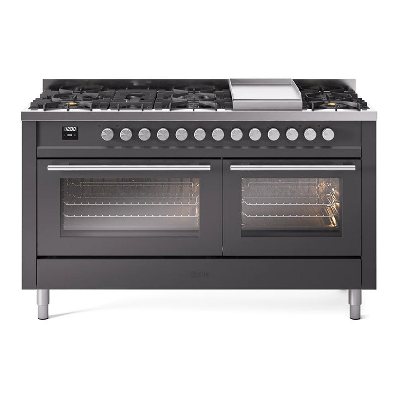 ILVE Professional Plus II 60" Dual Fuel Freestanding Range in Graphite Matte with Stainless Steel Trim, UP60FWMPMGLP