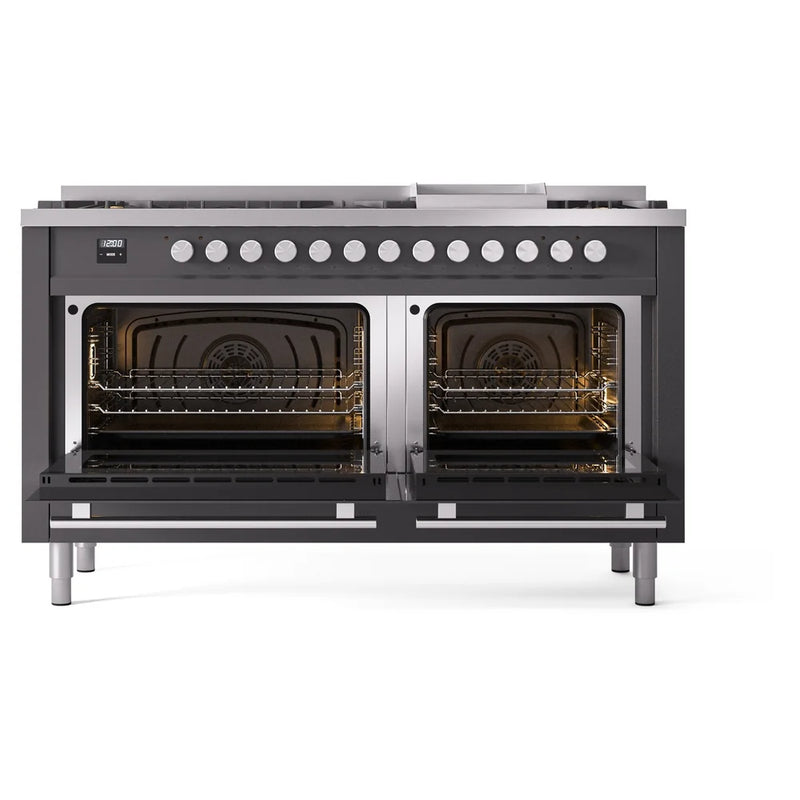 ILVE Professional Plus II 60" Dual Fuel Freestanding Range in Graphite Matte with Stainless Steel Trim, UP60FWMPMGLP