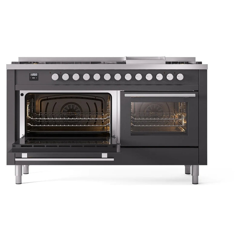 ILVE Professional Plus II 60" Dual Fuel Freestanding Range in Graphite Matte with Stainless Steel Trim, UP60FWMPMGLP