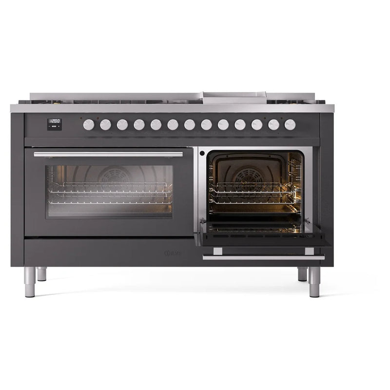 ILVE Professional Plus II 60" Dual Fuel Freestanding Range in Graphite Matte with Stainless Steel Trim, UP60FWMPMGLP