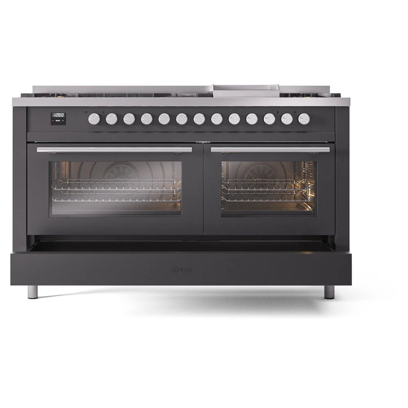 ILVE Professional Plus II 60" Dual Fuel Freestanding Range in Graphite Matte with Stainless Steel Trim, UP60FWMPMGLP