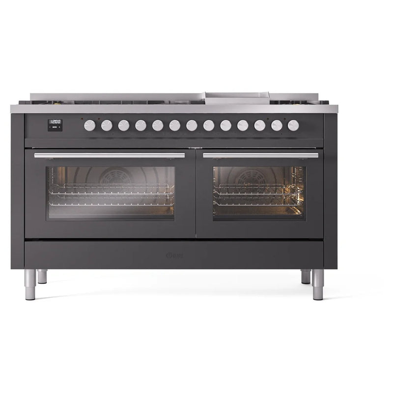 ILVE Professional Plus II 60" Dual Fuel Freestanding Range in Graphite Matte with Stainless Steel Trim, UP60FWMPMG