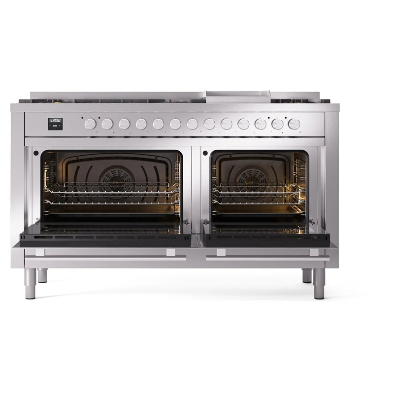 ILVE Professional Plus II 60" Dual Fuel Freestanding Range in Stainless Steel with Stainless Steel Trim, UP60FWMPSSLP