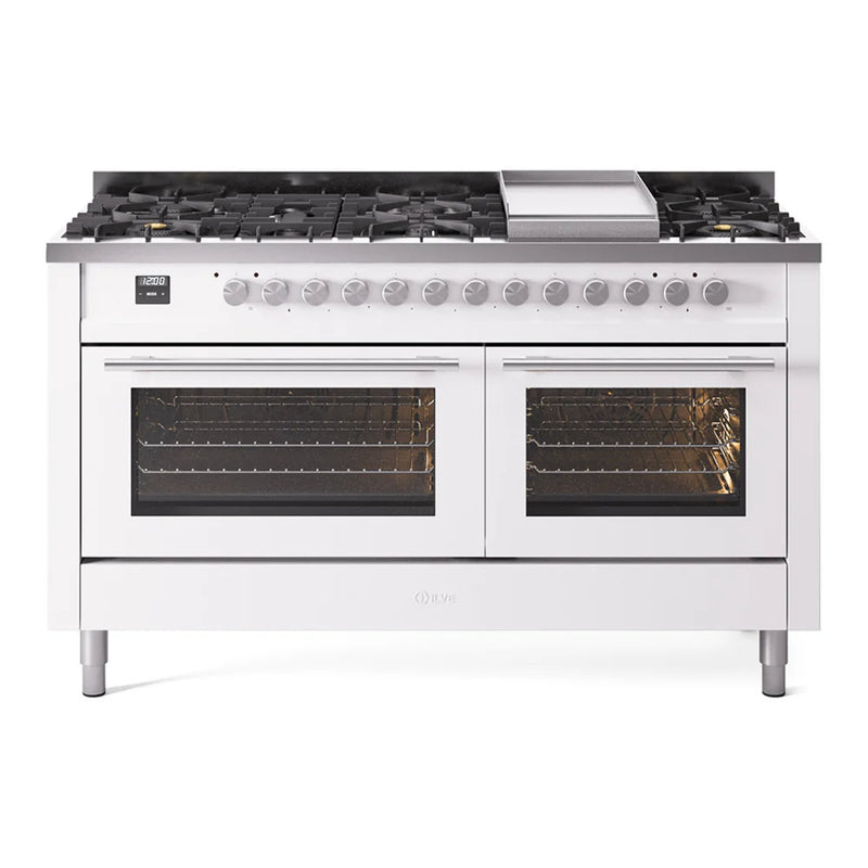 ILVE Professional Plus II 60" Dual Fuel Freestanding Range in White with Stainless Steel Trim, UP60FWMPWHLP