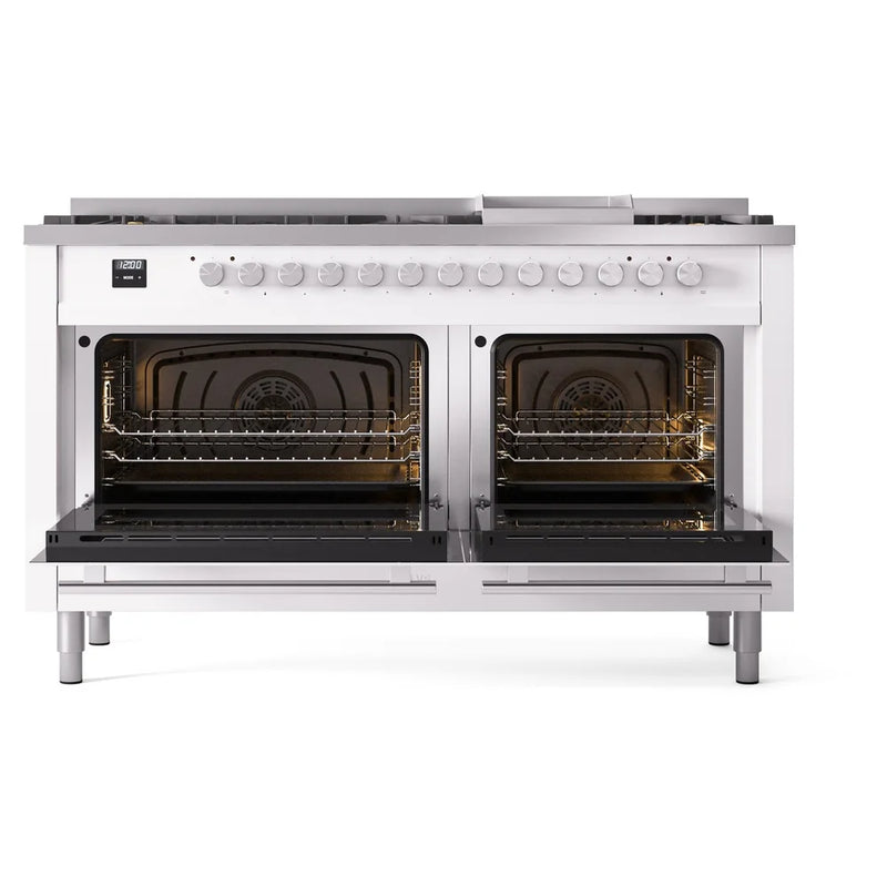 ILVE Professional Plus II 60" Dual Fuel Freestanding Range in White with Stainless Steel Trim, UP60FWMPWHLP