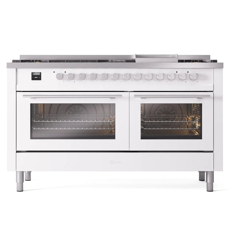 ILVE Professional Plus II 60" Dual Fuel Freestanding Range in White with Stainless Steel Trim, UP60FWMPWHLP